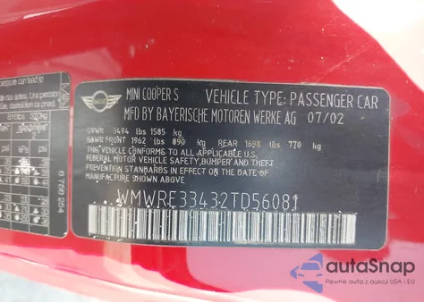 2002 Mini Cooper S from USA, damaged, VIN WMWRE33432TD56081